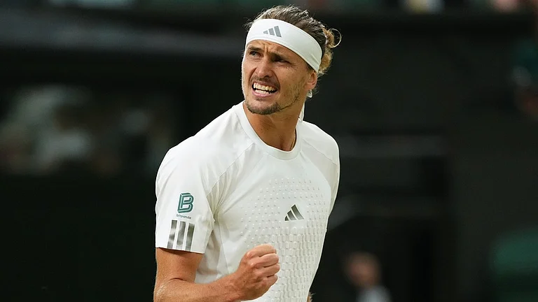 Alexander Zverev of Germany reacts during the men's singles fourth round match against Jiri Lehecka of the Czech Republic at the Wimbledon Tennis Championships in London, Monday, July 6, 2026. - AP Photo/Kirsty Wigglesworth