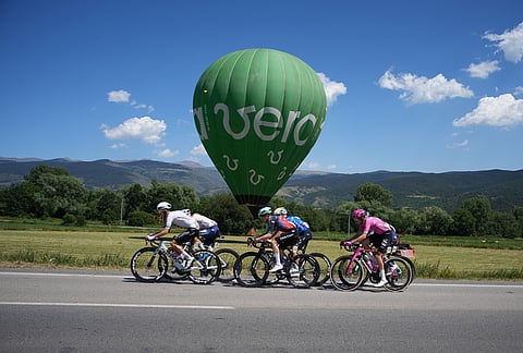Riders in the breakaway pedal during the third stage of the Tour de France cycling race with start in Granollers and finish in Les Angles, France, Monday, July 6, 2026. 