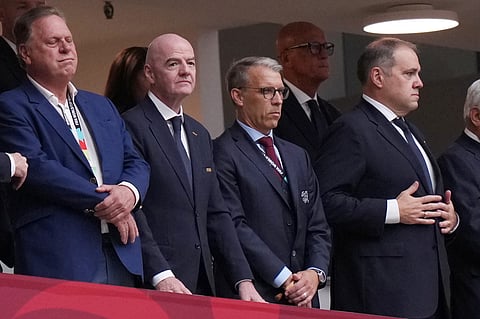 From left, Ramon Jesurun, president of the Colombia Football Federation, FIFA President Gianni Infantino, Peter Knabel, president of the Swiss Football Association, and FIFA Vice President Victor Montagliani watch during the World Cup round of 16 soccer match between Switzerland and Colombia in Vancouver, British Columbia
