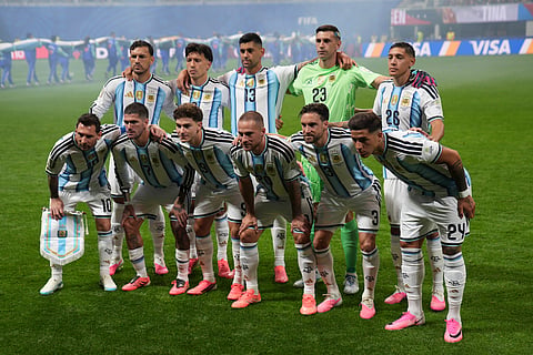 Argentina team pose before the start of the World Cup round of 16 soccer match between Argentina and Egypt in Atlanta, Tuesday, July 7, 2026.