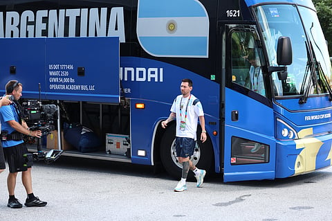 Argentina's Lionel Messi arrives at the stadium for the World Cup round of 16 soccer match between Argentina and Egypt in Atlanta, Tuesday, July 7, 2026.