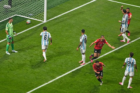 Egypt's Yasser Ibrahim (2) celebrates after scoring during the World Cup round of 16 soccer match between Argentina and Egypt in Atlanta, Tuesday, July 7, 2026.