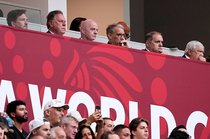 FIFA President Gianni Infantino, third from left, watches during the World Cup round of 16 soccer match between Switzerland and Colombia in Vancouver, British Columbia