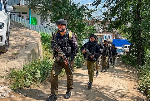 Security personnel keep vigil near the encounter site at Chanapora as the anti-terror operation enters its fifth day, in Shopian district, Jammu and Kashmir. A Lashkar-e-Taiba (LeT) terrorist was killed on Wednesday. 