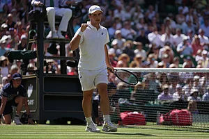 AP/Brian Inganga : Arthur Fery of Britain reacts to winning a point against Flavio Cobolli of Italy in their quarter-final men's singles match