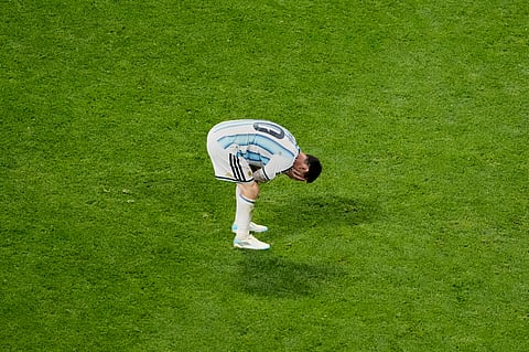 Argentina's Lionel Messi (10) reacts after the World Cup round of 16 soccer match between Argentina and Egypt in Atlanta, Tuesday, July 7, 2026.