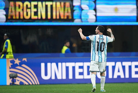 Argentina's Lionel Messi (10) celebrates his side's second goal during the World Cup round of 16 soccer match between Argentina and Egypt in Atlanta.
