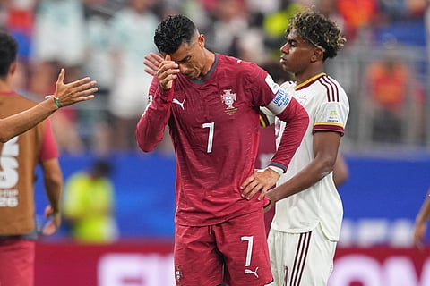 Portugal's Cristiano Ronaldo (7) reacts after the World Cup round of 16 soccer match between Portugal and Spain in Arlington, Texas, near Dallas, Monday, July 6, 2026.