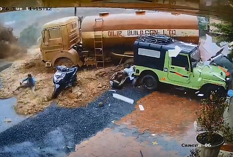 A grab from CCTV footage shows landslide at Kalladi, near Meppadi tunnel project in Wayanad, Kerala, Tuesday, July 7, 2026. 