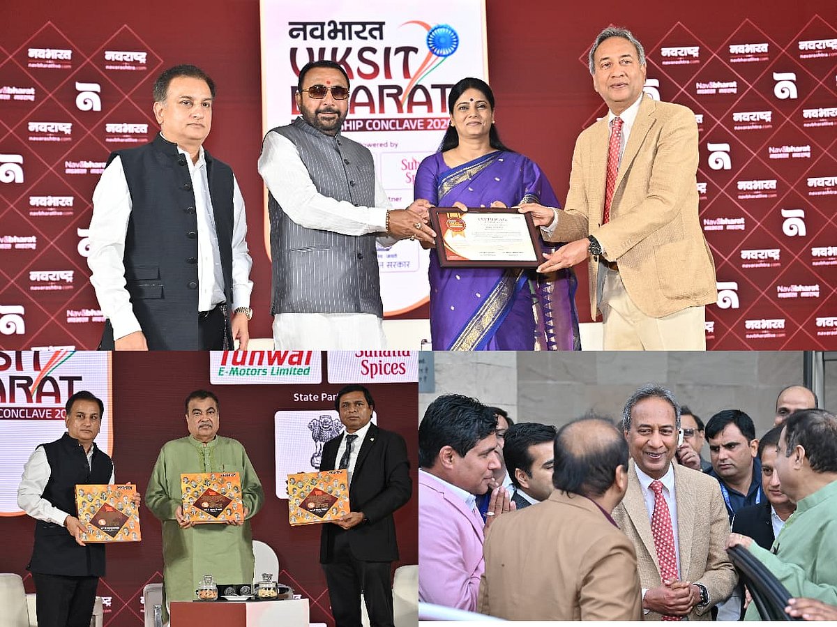 Shishir Bajaj, Chairman of the Bajaj Foundation, receiving the prestigious honour from Smt. Anupriya Patel, Union Minister
of State for Health and Family Welfare. 2nd photo shows the release of the coffee table book by Shri Nitin Gadkari and
3rd photo shows an interaction between Shishir Bajaj, Nitin Gadkari and others - null