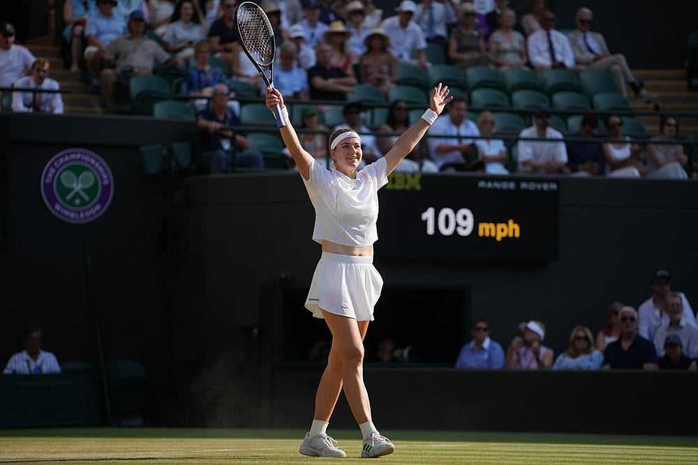Karolina Muchova of Czech Republic celebrates her victory against Naomi Osaka of Japan in their quarter-final women's singles match at the Wimbledon Tennis Championships in London. - | Photo: AP/Kin Cheung