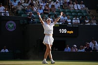 | Photo: AP/Kin Cheung : Karolina Muchova of Czech Republic celebrates her victory against Naomi Osaka of Japan in their quarter-final women's singles match at the Wimbledon Tennis Championships in London.