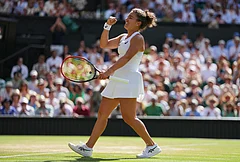 Jasmine Paolini of Italy celebrates winning the women's singles fourth round match against Alexandra Eala of the Philippines at the Wimbledon Tennis Championships in London, Monday, July 6, 2026. - | Photo: AP/Kirsty Wigglesworth