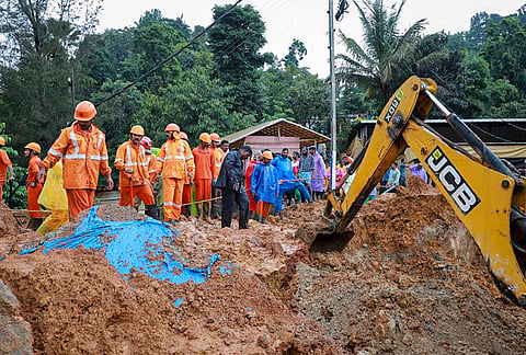 Rescue operation underway after a landslide at Kalladi, near Meppadi tunnel project in Wayanad, Kerala, Tuesday, July 7, 2026. 
