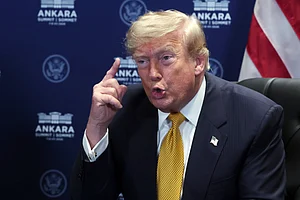 (Filip Singer, Pool Photo via AP) : President Donald Trump speaks during a meeting with NATO Secretary General Mark Rutte at the NATO summit in Ankara, Turkey, Wednesday, July 8, 2026.