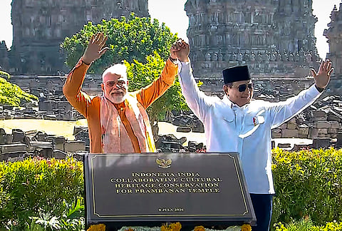 Prime Minister Narendra Modi with Indonesian President Prabowo Subianto during the inauguration of the Prambanan Temple Restoration Project, in Yogyakarta, Indonesia. 