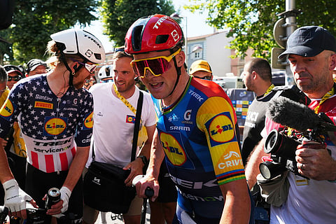 Denmark's Mads Pedersen celebrates after winning the fourth stage of the Tour de France cycling race with start in Carcassonne and finish in Foix, France.