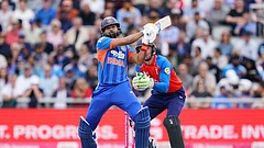 India's captain Shreyas Iyer hits a six during the second T20 cricket match between England and India in Manchester, England, Saturday, July 4, 2026. - (AP Photo/Dave Thompson)