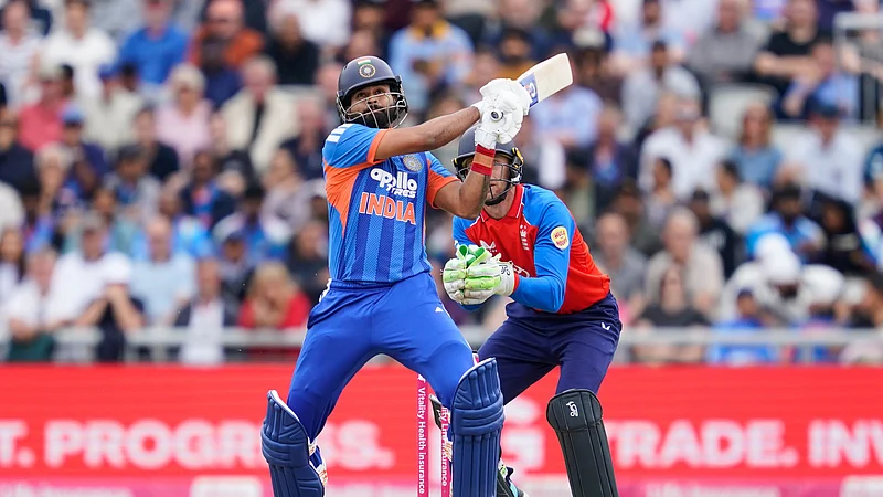 (AP Photo/Dave Thompson) : India's captain Shreyas Iyer hits a six during the second T20 cricket match between England and India in Manchester, England, Saturday, July 4, 2026.