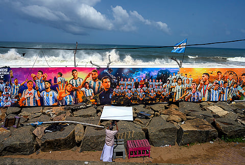 A giant hoarding featuring the Argentina national football team stands along the Arabian sea coastline amid the ongoing FIFA World Cup 2026, in Thiruvananthapuram, Kerala.