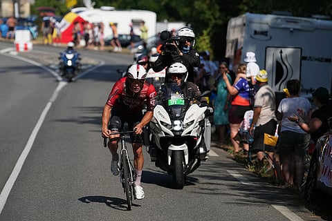 France's Baptiste Veistroffer leads the race during the fifth stage of the Tour de France cycling race over 158.3 kilometers (98.1 miles) with start in Lannemezan and finish in Pau, France.