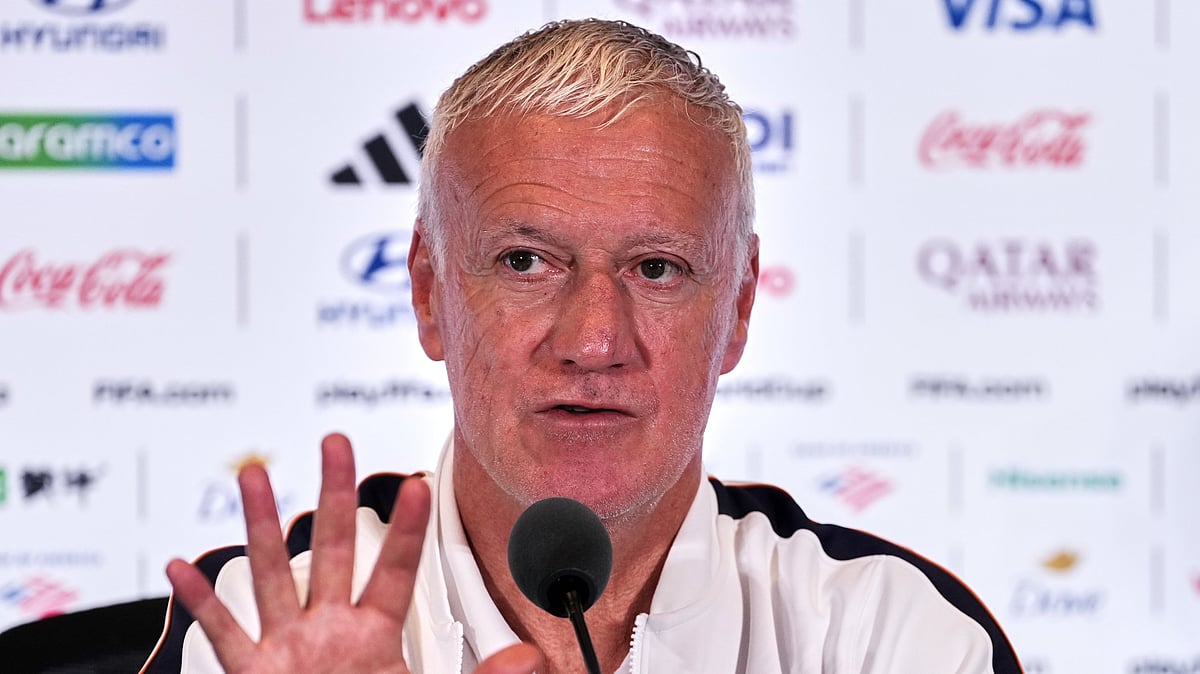 France head coach Didier Deschamps talks to the media at a press conference ahead of the World Cup quarterfinal soccer match between France and Morocco in Foxborough, Mass., near Boston, Wednesday, July 8, 2026 - (AP Photo/Martin Meissner)
