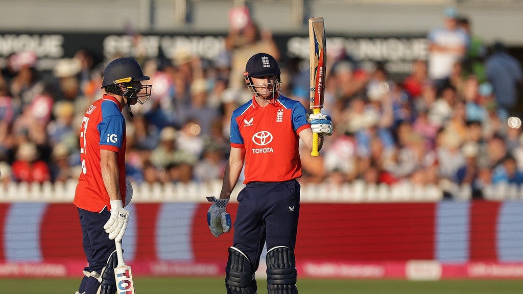 England's Harry Brook celebrates reaching 50 runs during the fourth Vitality IT20 match against India at the Seat Unique Stadium in Bristol, England - Steven Paston/AP Photo