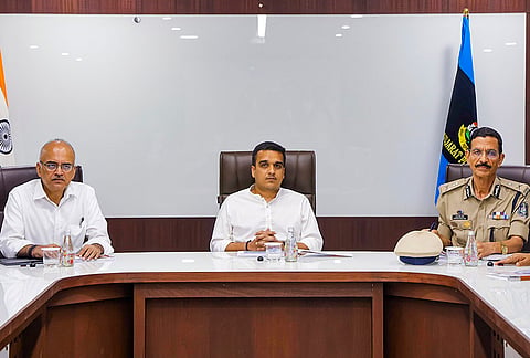 Gujarat Deputy Chief Minister Harsh Sanghavi during a high-level review meeting with Director General of Police GS Malik, Ahmedabad Police Commissioner Anupamsinh Gehlot, and senior police and civil administration officials to review security arrangements and preparedness for the 149th Lord Jagannath Rath Yatra, in Ahmedabad. 