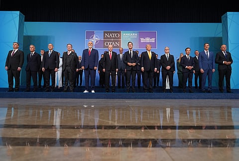 Leaders including NATO Secretary General Mark Rutte, President Donald Trump, and Turkish President Recep Tayyip Erdogan pose for a photo during the NATO summit in Ankara, Turkey