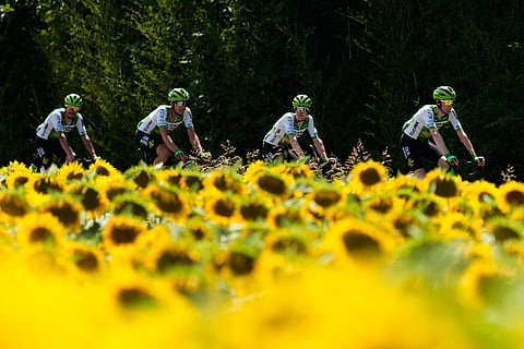 The pack rides during the fifth stage of the Tour de France cycling race over 158.3 kilometers (98.1 miles) with start in Lannemezan and finish in Pau, France.