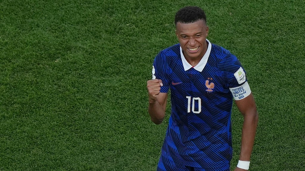 France's Kylian Mbappe (10) reacts after the World Cup round of 16 soccer match between Paraguay and France in Philadelphia - Matt Rourke/AP Photo