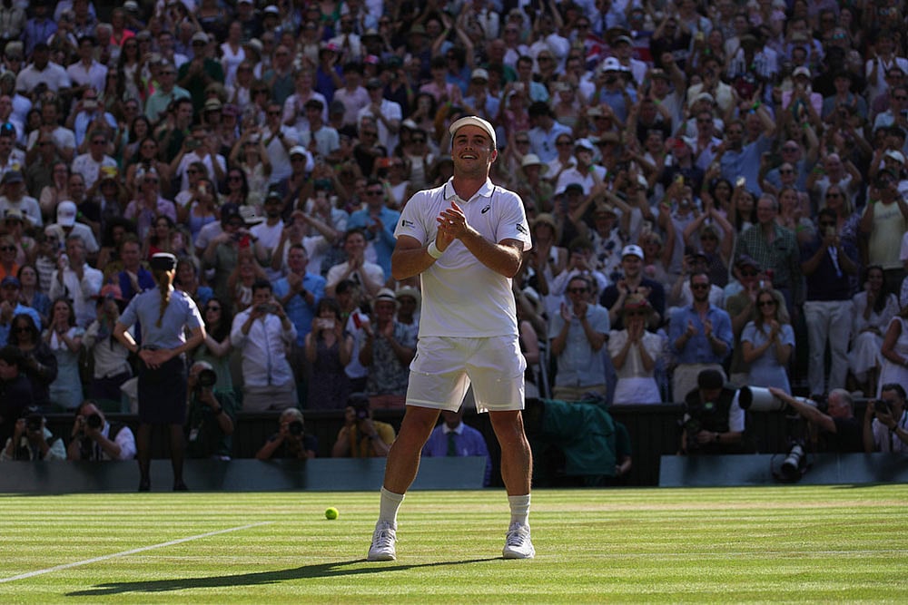 Arthur Fery of Britain reacts to winning against Flavio Cobolli of Italy in their quarter-final men's singles match at the Wimbledon Tennis Championships in London. - | Photo: AP/Brian Inganga