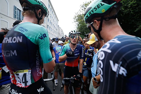 Netherland's Olav Kooij celebrates after winning the fifth stage of the Tour de France cycling race with start in Lannemezan and finish in Pau, France.