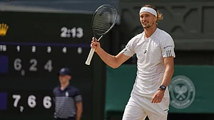 Kirsty Wigglesworth/AP Photo : Alexander Zverev of Germany celebrates after defeating Arthur Fery of Britain in their men's singles semifinal match at the Wimbledon Tennis Championships in London.