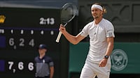 Kirsty Wigglesworth/AP Photo : Alexander Zverev of Germany celebrates after defeating Arthur Fery of Britain in their men's singles semifinal match at the Wimbledon Tennis Championships in London.