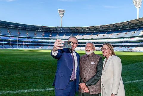 Prime Minister Narendra Modi poses for a selfie with Australian Prime Minister Anthony Albanese and Premier of Victoria Jacinta Allan at the Melbourne Cricket Ground in Melbourne, Australia. 