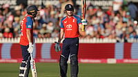 (Steven Paston/PA via AP) : England's Harry Brook celebrates reaching 50 runs during the fourth Vitality IT20 match against India at the Seat Unique Stadium in Bristol, England, on Thursday July 9, 2026