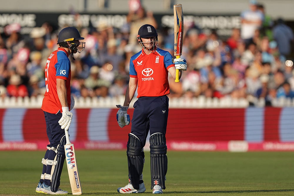 England's Harry Brook celebrates reaching 50 runs during the fourth Vitality IT20 match against India at the Seat Unique Stadium in Bristol, England. - | Photo: Steven Paston/PA via AP