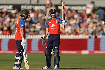 | Photo: Steven Paston/PA via AP : Englands Harry Brook celebrates reaching 50 runs during the fourth Vitality IT20 match against India at the Seat Unique Stadium in Bristol, England.