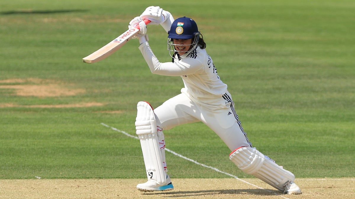 India's Smriti Mandhana during day one of the first Women's Rothesay Test between India and England at Lord's Cricket Ground in London - Nigel French/PA via AP