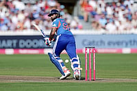 Photo: Steven Paston/PA via AP : India's Shreyas Iyer bats during the fourth Vitality IT20 match against England at the Seat Unique Stadium in Bristol, England.