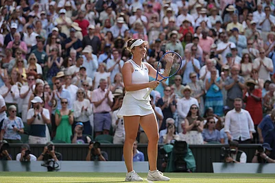 | Photo: AP/Kirsty Wigglesworth : Linda Noskova of the Czech Republic celebrates winning against Marta Kostyuk of Ukraine in their semifinal womens singles match at the Wimbledon Tennis Championships in London.