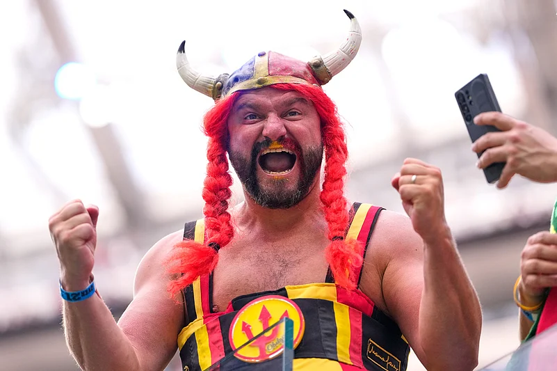 A fan cheers during warmups before the World Cup quarterfinal soccer match between Spain and Belgium in Inglewood