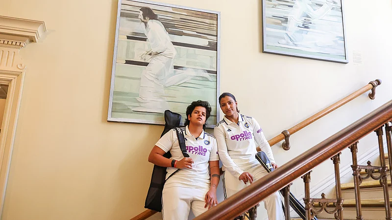 X/BCCIWomen : Shafali Verma and Sneh Rana posing for a photograph ahead of India-W vs England-W One-Off Test at Lords