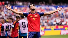 Spain's Mikel Merino (6) celebrates scoring their second goal during the World Cup quarterfinal soccer match between Spain and Belgium in Inglewood - Mark J. Terrill/AP Photo