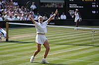 | Photo: AP/Kirsty Wigglesworth : Karolina Muchova of the Czech Republic celebrates her victory against Coco Gauff of the United States in their semifinal women's singles match at the Wimbledon Tennis Championships in London.