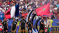 AP/Matt Slocum : Morocco's Achraf Hakimi, right greets the referee crew of referee Facundo Tello, center, assistant referees Juan Pablo Belatti and Gabriel Chade, fourth official Dario Herrera and reserve assistant referee Cristian Navarro, all five from Argentina, before the World Cup quarterfinal soccer match between France and Morocco in Foxborough
