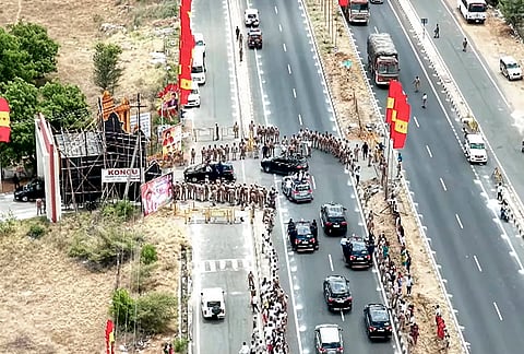 Tamil Nadu Chief Minister Vijay's convoy arrives for the People’s Meeting Program as part of his first official visit to Karur after he took up the reins as Chief Minister, in Karur, Tamil Nadu. 