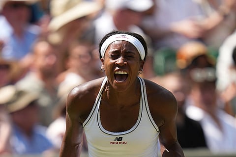 Coco Gauff of the United States reacts after winning a game against Karolina Muchova of the Czech Republic in their semifinal women's singles match at the Wimbledon Tennis Championships in London.