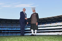 A Historic Innings At MCG: Modi And Albanese Team Up For India-Australia Strategic Partnership | Photo: AP/Hamish Blair : Indian Prime Minister Narendra Modi, right, and Australian Prime Minister Anthony Albanese, left, shake hands as they pose for a photo at the Melbourne Cricket Ground in Melbourne, Australia.